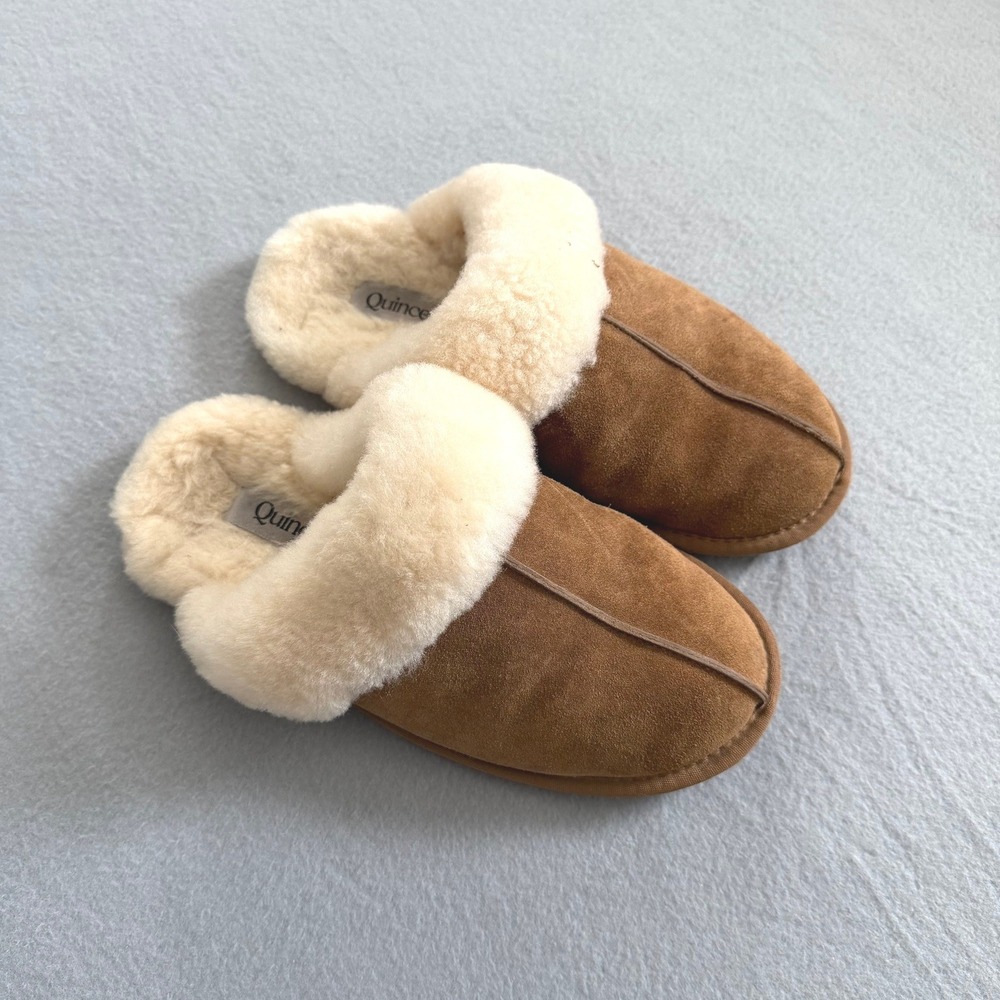 Quince Shearling Scuff Slippers Womens 7 Brown Suede Cozycore Winter Essential